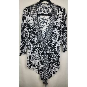 Alberto Makali Wrap Top Black White Ruffle Neck 3/4 Sleeve Lightweight Size L